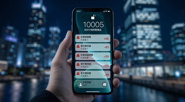 决策宝实时行情预警推送界面,手机锁屏界面显示多条价格突破预警通知,画面主体为手持手机的特写,背景区域为虚化的城市夜景与金融中心灯光,色调偏冷色,强调及时性与科技感