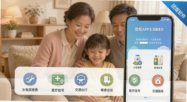 团炬APP生活服务页面,手机屏幕显示水电缴费、医疗挂号、交通出行等图标,背景为温馨家庭场景虚化,色彩柔和,突出便捷生活主题,团炬软件名称以角标形式呈现