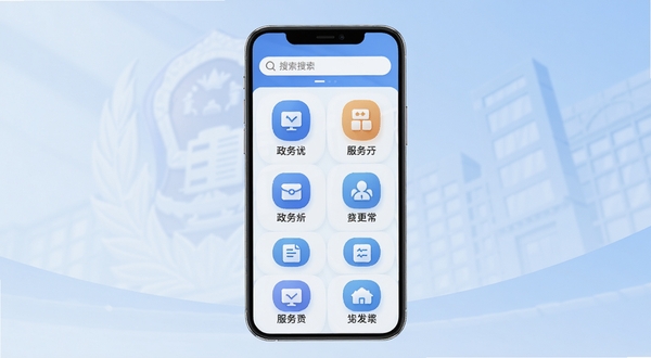 政务助手应用主界面展示一站式办事大厅功能,画面中央为手机屏幕内排列整齐的服务分类图标,背景为淡蓝色渐变政务风格,顶部有搜索框,整体色调清新专业