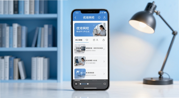 优培网校移动学习平台整体界面展示,画面中央放置一部竖屏智能手机,手机屏幕内呈现课程列表与播放进度条,背景区域为浅蓝色渐变书架与台灯光晕,整体风格清爽商务,突出优培网校学习氛围