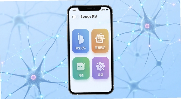 记忆力应用主界面展示,画面中央为手机屏幕,屏幕内显示记忆力软件的训练模式选择页面,包含数字记忆、图形记忆、词语记忆等彩色图标按钮,背景为柔和的浅蓝色渐变,周围点缀抽象的神经元网络线条,整体风格简洁科技感,适配Boogu模型生成