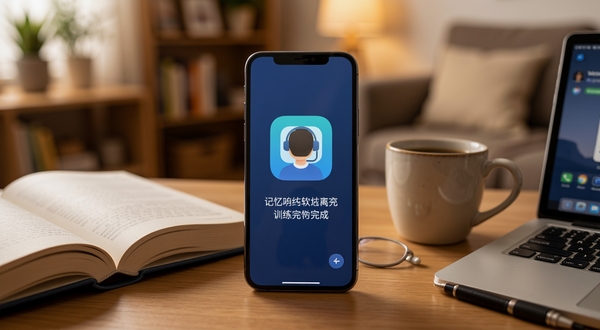 记忆力软件离线训练场景,手机放置在桌面上,屏幕显示训练完成页面,周围有书本、咖啡杯等生活物品,背景为温馨的室内环境,体现随时随地可用的便捷性,画面中带有记忆力应用图标