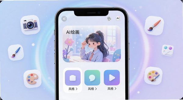 美趣AI 软件主界面展示,手机屏幕中央是AI绘画输入框与风格选择卡片,背景为柔和的蓝紫渐变光晕,四周漂浮着相机、画笔、调色盘等小图标,整体风格科技感与清新感并存,画面明亮通透,适配Boogu模型生成