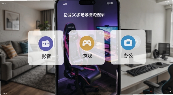 �ڳ�5G�ೡ��ģʽѡ����棬����չʾ�ֻ���Ļ�ϵ�ģʽ�л���Ƭ������Ӱ������Ϸ���칫����ͼ�꣬����Ϊģ���Ŀ������羺���Ͱ칫�ҳ���ƴ�ӣ����ֶೡ��������