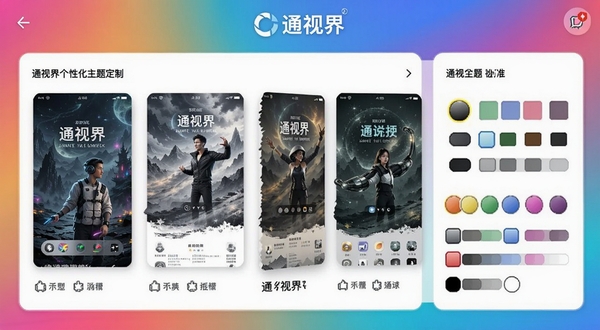 通视界个性化主题定制界面,展示多款主题预览卡片与颜色选择器,通视界LOGO位于顶部,背景为多彩渐变,突出个性化
