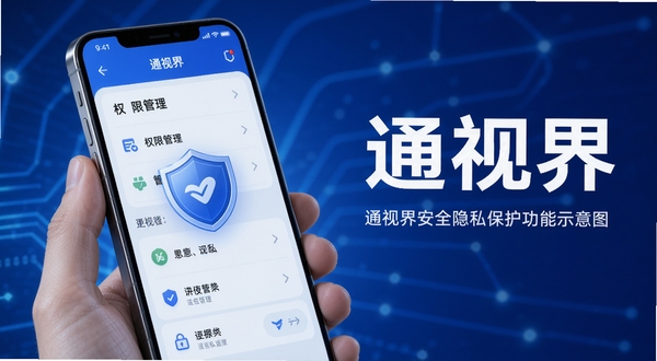 通视界安全隐私保护功能示意图,手机屏幕显示权限管理列表与盾牌图标,通视界名称清晰可见,背景为蓝色安全色调,突出可靠