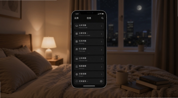 元玑深色模式界面,手机屏幕显示深色背景下的任务列表,背景为夜晚卧室环境,氛围安静柔和