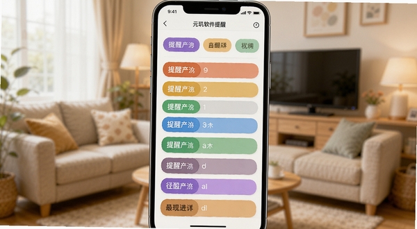 元玑软件提醒设置界面,手机屏幕显示多个彩色标签的提醒事项列表,背景为温馨的家居环境虚化,画面明亮清晰