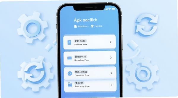 Apk导出版本更新界面示意图,画面展示手机屏幕上显示更新日志列表,背景为淡蓝色渐变,周围有齿轮和刷新图标装饰,整体风格简洁现代,突出软件持续优化迭代