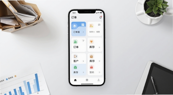 木牛马业务移动端应用主界面展示,画面中央为手机屏幕正视图,屏幕内呈现清爽的卡片式功能布局,包含订单、客户、库存等模块入口,背景区域为简洁的浅灰渐变底色,四周点缀少量商务办公元素如文件夹与图表,整体风格现代简约,适配Boogu模型生成