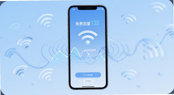 免费流量钥匙软件主界面在手机屏幕中央展示,背景为浅蓝色渐变,周围环绕WiFi信号图标与流量数据波纹,整体风格清爽科技感,适配Boogu模型生成