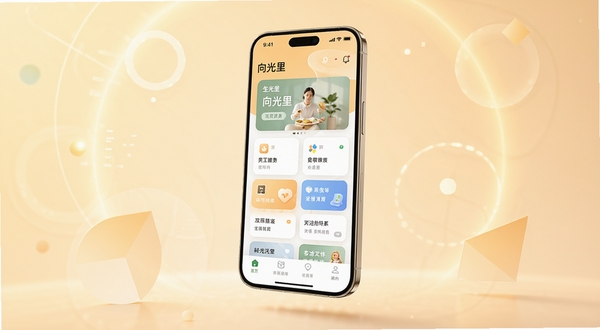 向光里应用主界面全貌展示,画面中心悬浮着一部现代智能手机,屏幕内呈现向光里应用清爽的首页布局,包含功能卡片与底部导航栏,背景采用柔和的暖色调光晕与抽象几何图形,整体风格简洁明快,突出生活服务类应用的温馨感与科技感