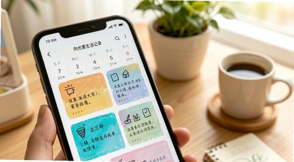 向光里生活记录功能界面特写,手机屏幕显示日历视图与多彩的备忘录卡片,卡片上带有手绘风格的图标和文字摘要,背景是温馨的桌面环境,有绿植和咖啡杯,光线明亮柔和,体现记录生活的美好氛围