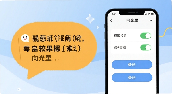 向光里用户问答场景插画,画面左侧是提问气泡,右侧是手机屏幕展示向光里设置界面,包含权限开关与备份按钮,背景为柔和的渐变蓝色,整体风格扁平化且具有亲和力