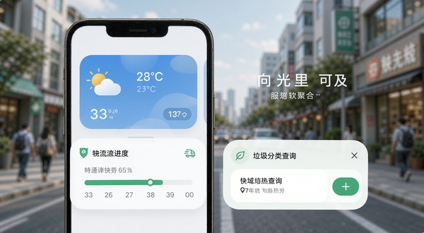 向光里周边服务聚合页面展示,手机屏幕显示天气卡片、快递物流进度条和垃圾分类查询框,界面采用圆角卡片式设计,配色清新自然,背景为虚化的城市街景,体现便捷生活触手可及