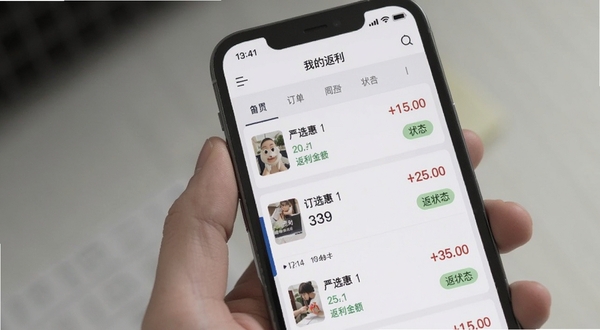 严选惠订单同步与返利追踪界面,手机屏幕展示严选惠应用内订单列表,每笔订单旁显示返利金额和状态标签,背景为淡灰色,顶部有“我的返利”标题,整体布局清晰有序