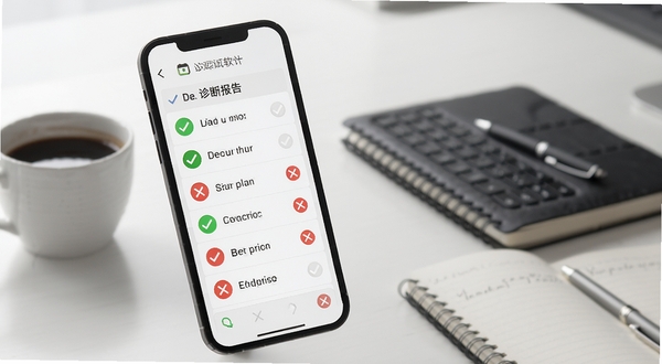 网络测试软件诊断报告页面,手机屏幕显示着绿色对勾和红色叉号的检测项列表,背景是简约的办公桌面,有咖啡杯和笔记本,画面风格干净商务,重点突出诊断结果的可读性,Boogu模型生成,柔和光线