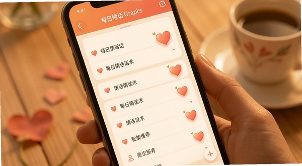 每日情话话术 智能推荐 手机屏幕 温暖色调 情话列表 浪漫爱心元素 简洁UI