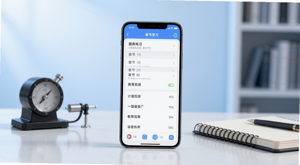 一二级计量师手机APP主界面全貌展示,画面中央是一部竖屏智能手机,屏幕内呈现题库练习与章节列表界面,背景为淡蓝色渐变书房环境,桌面摆放计量器具与笔记本,整体风格清爽专业,适配教育学习类应用宣传图