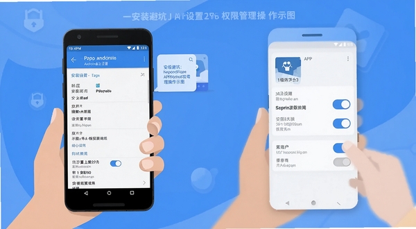 一二级计量师APP安装设置与权限管理操作示意图,手机屏幕展示安卓安全设置页面和APP权限开关,画面采用扁平化插画风格,配色以蓝色和白色为主,突出安装避坑要点