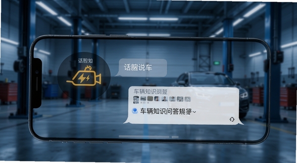 话痨说车 车辆知识问答界面 手机屏幕显示故障灯图标与对话解答 背景为车库场景 冷色调科技感 高清