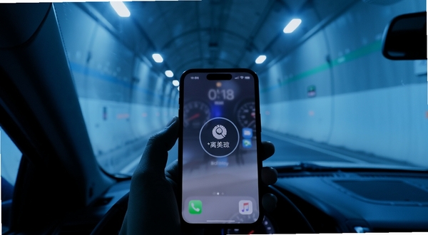 话痨说车 离线使用场景 山区隧道内车辆行驶 手机屏幕显示离线模式图标 冷蓝色调 高清