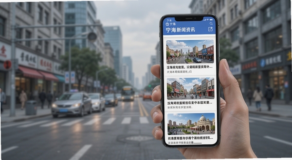 看宁海 新闻资讯页面 手机屏幕显示宁海本地新闻列表 包含图片和标题 背景为虚化的城市街景 风格现代简洁