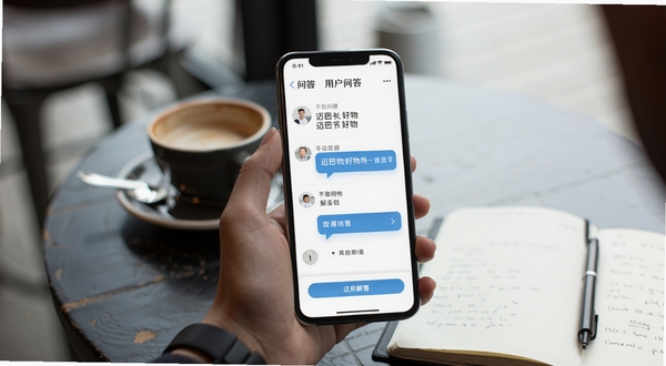 迈巴克好物用户问答场景图,手机屏幕显示问答界面,背景为咖啡厅桌面,旁边有笔记本和咖啡杯,画面轻松自然,突出互动与解答氛围