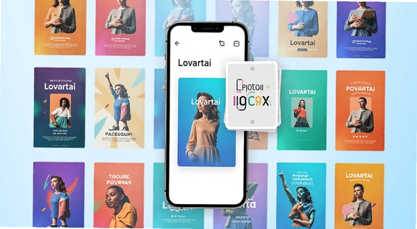 Lovartai海报制作设计软件内模板库界面,手机屏幕显示多张彩色海报缩略图排列,背景为淡蓝色渐变,画面主体为手机与悬浮的模板卡片,风格清新明快
