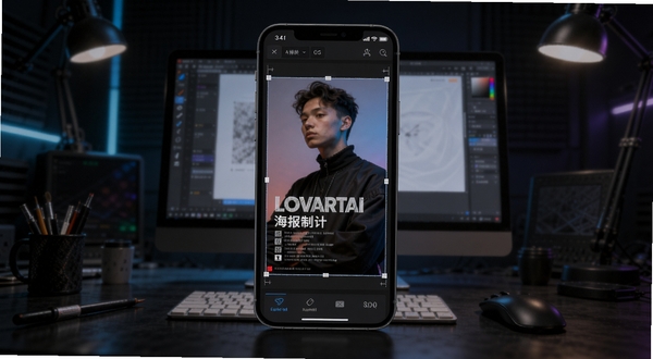 Lovartai海报制作设计AI排版工作界面,手机屏幕中央显示一张正在自动对齐的海报,主体为人物与文字块,背景为深色工作室环境,带有科技感光效