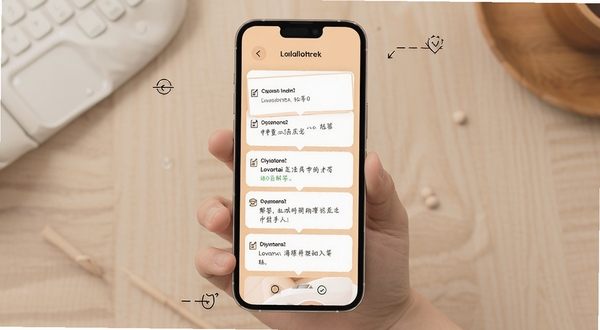 Lovartai海报制作设计问答界面示意图,手机屏幕显示常见问题列表与解答文字,背景为柔和的浅橙色,画面清晰易读