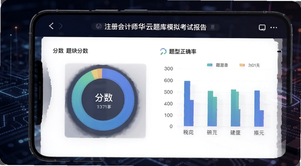 注册会计师华云题库模拟考试报告页面,手机屏幕展示分数环形图与题型正确率柱状图,背景区域为深色渐变科技感环境,画面风格数据可视化,适配Boogu模型生成