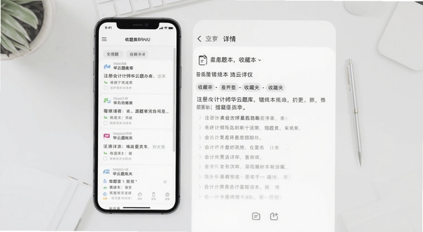 注册会计师华云题库错题本与收藏夹界面,手机屏幕左侧显示错题列表,右侧显示收藏题目详情,背景为浅灰色极简桌面,画面干净整洁,适配Boogu模型生成
