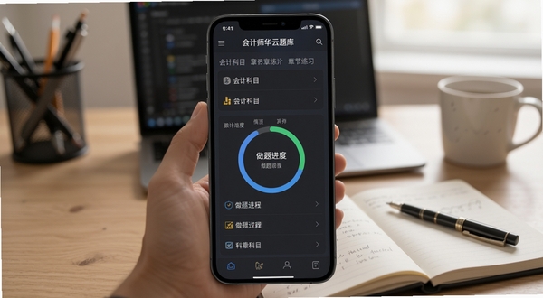注册会计师华云题库章节练习界面,手机屏幕中央显示会计科目章节列表与做题进度环,背景为书桌与笔记本的办公场景,光线柔和,画面清晰,适配Boogu模型生成