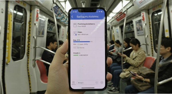 注册会计师华云题库离线下载管理界面,手机屏幕显示已下载科目与剩余存储空间,背景为地铁车厢内景,画面生活化,适配Boogu模型生成
