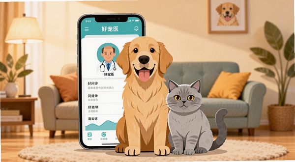 好宠医软件主界面展示,画面中央为一只金毛犬和一只英短猫并排坐在手机屏幕前,手机屏幕内显示好宠医APP的问诊界面与宠物医生头像,背景为温馨的居家客厅环境,暖色调光线,扁平化插画风格,细节清晰,构图居中