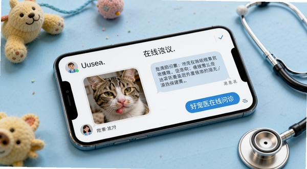 好宠医在线问诊功能界面,画面展示一部智能手机屏幕内呈现宠物医生与用户对话的聊天窗口,左侧为用户发送的猫咪皮肤红肿照片,右侧为兽医回复的诊断建议文字气泡,手机周围散落宠物玩具和听诊器道具,浅蓝色背景,写实UI风格,高清细节