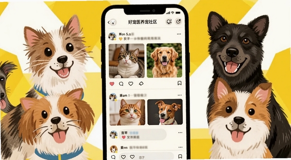 好宠医养宠社区页面展示,画面为手机屏幕内呈现宠物社区信息流,包含猫咪和狗狗的照片帖子、用户评论互动区域,屏幕外有几只不同品种的宠物围绕手机,背景为明亮的黄色和白色几何图案,扁平插画风格,温馨活泼
