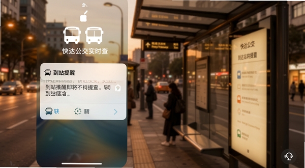 快达公交实时查 到站提醒弹窗界面 手机锁屏通知显示公交即将到站 背景为城市公交站台 暖色调 简洁明快