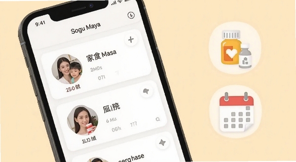 ���ȿڴ�Ӧ���ڸ��Ի����ý��棬����չʾ�ֻ���Ļ�ϴ��м�ͥ��Աͷ��ļ��ȿ�Ƭ�б����Ա���ҩƿ������ͼ�꣬����Ϊ��ܰ���׻�ɫ�������ּ�ͥ�ػ��뽡��������Χ������Booguģ������