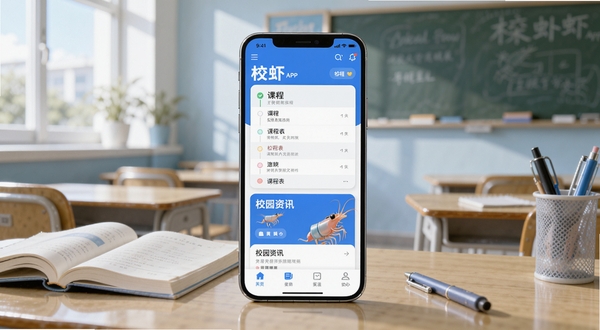 校虾应用主界面展示,画面中央放置一部智能手机,屏幕显示校虾APP首页的课程表与校园资讯卡片,背景为明亮教室场景,书桌上有课本和文具,整体色调清新蓝白,适配Boogu模型生成