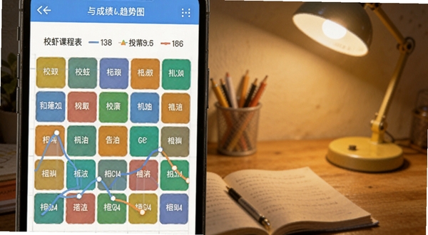 校虾课程表与成绩趋势图界面,手机屏幕显示彩色课程格子与折线成绩图,背景为书桌和台灯,温馨学习氛围,适配Boogu模型生成