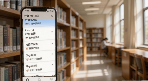 校虾用户问答界面展示,手机屏幕显示常见问题解答列表,背景为校园图书馆书架,柔和光线,适配Boogu模型生成