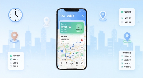 途智汇应用主界面全景展示图,画面中央是手机屏幕内呈现的智能行程卡片与地图路线概览,背景为浅蓝色渐变城市剪影,四周点缀时钟、定位图标与待办清单元素,整体风格清新简约,突出途智汇核心功能全貌,适配Boogu模型生成高清细节