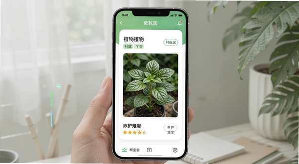 乾园应用内植物识别界面,手机屏幕显示一株绿色植物的高清照片,周围环绕着植物名称、科属标签和养护难度星级,背景是简约的白色卡片式布局,整体色调清新自然,突出科技感与实用性的结合