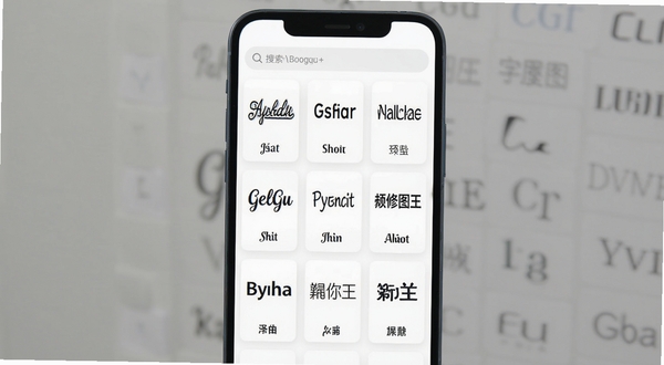 改字修图王字体选择界面预览图,画面展示手机屏幕上排列着各种中英文字体样式,每款字体下方标注名称,界面采用卡片式布局,背景为白色,顶部有搜索框,整体风格清爽直观,适配Boogu模型生成