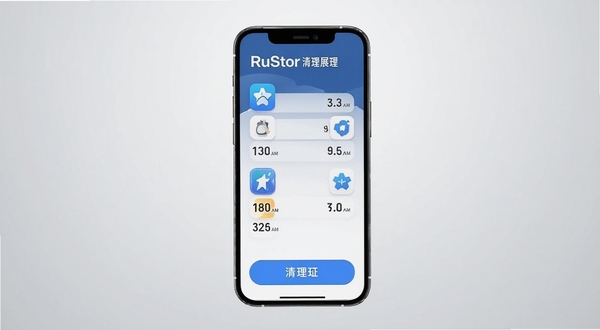 RuStor 应用专项清理功能展示,画面主体为手机屏幕显示多个应用图标与对应的缓存大小数值,屏幕下方有清理按钮,背景为浅灰色渐变,整体风格干净利落,突出工具的高效与便捷
