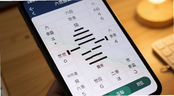 六爻排盘宝排盘界面细节展示,画面聚焦手机屏幕上的卦象分析表格,清晰可见世应爻位与六亲排列,背景为柔和暖光桌面,风格现代简洁