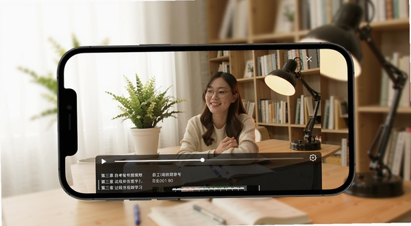 自考过程考核视频学习界面,手机横屏显示在线课程视频播放中,屏幕下方有进度条和章节列表,背景是温馨的书房环境,有绿植和台灯,画面明亮舒适