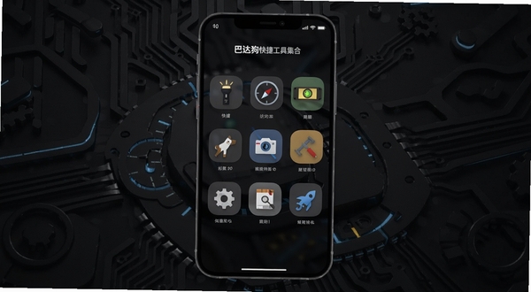 巴达狗快捷工具集合界面,画面主体为手机屏幕中九宫格排列的工具图标,背景区域为深色科技感纹理,包含手电筒、指南针、水平仪等元素,风格现代简约